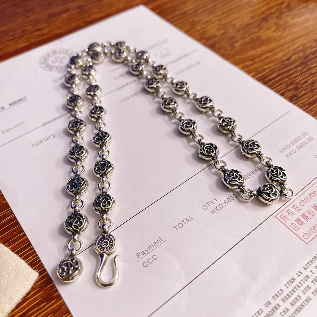 Chrome Hearts Silver Rose Chain Necklace